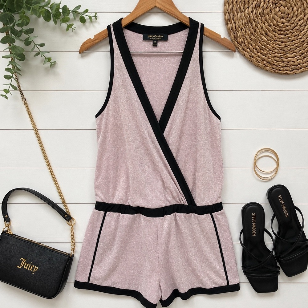 Juicy Couture Metallic Knit sleeveless Wrap romper women's M Pink Black Shimmer